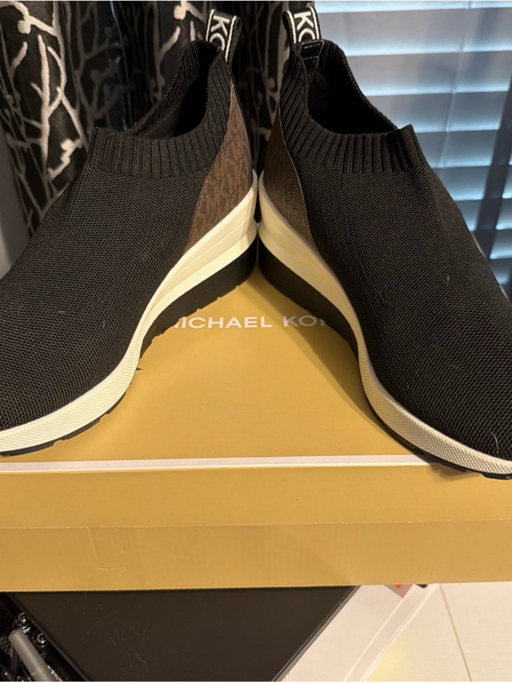 Michael Kors Black Knit Slip-On Sneakers with Brown Logo Heel
